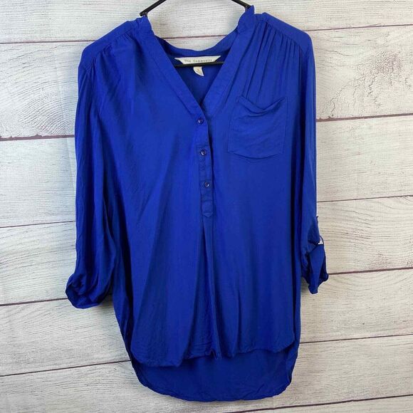 One Community Blue Rayon 3/4 Cuff Sleeve Three Button Front Blouse Size S - Picture 1 of 7